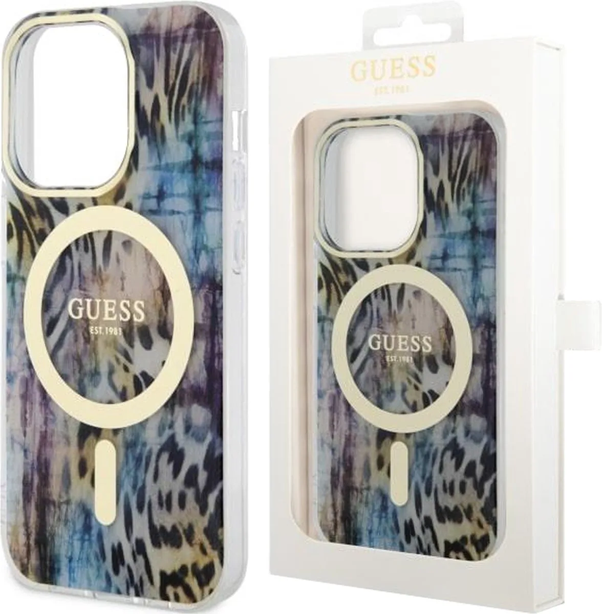 GUHMP14XHLEOPWB - hoesje voor iPhone - 14 - Pro - Max - 6.7 - Luipaard - MagSafe från Guess i Blå – produktbild