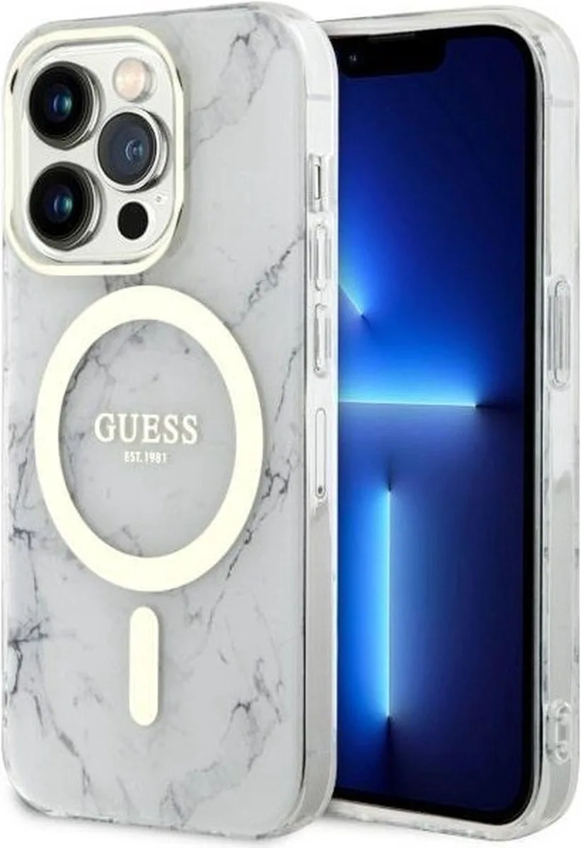 GUHMP14XPCUMAH IPhone 14 Pro Max 6.7" White/White Hardcase Marble MagSafe fra Guess i Hvid – produktbillede