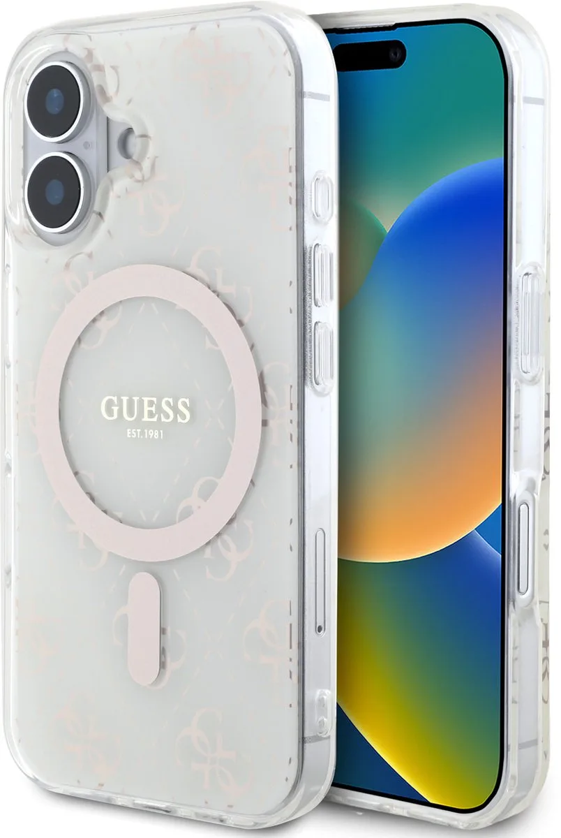GUHMP16SH4DTEH iPhone 16 wit/wit hardcase IML 4G Achtergrond MagSafe fra Guess i Gennemsigtig – produktbillede