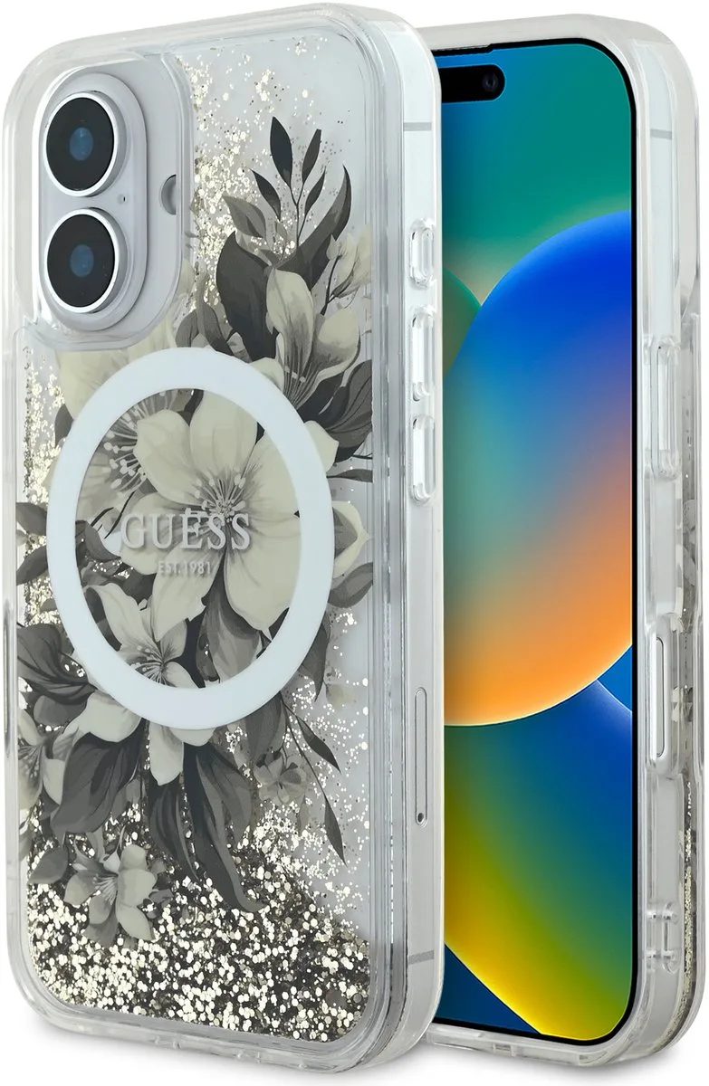 GUHMP16SLFMWTE iPhone 16 6.1" beige/beige hardcase Liquid Glitter Flower MagSafe fra Guess i Brun, Beige – produktbillede