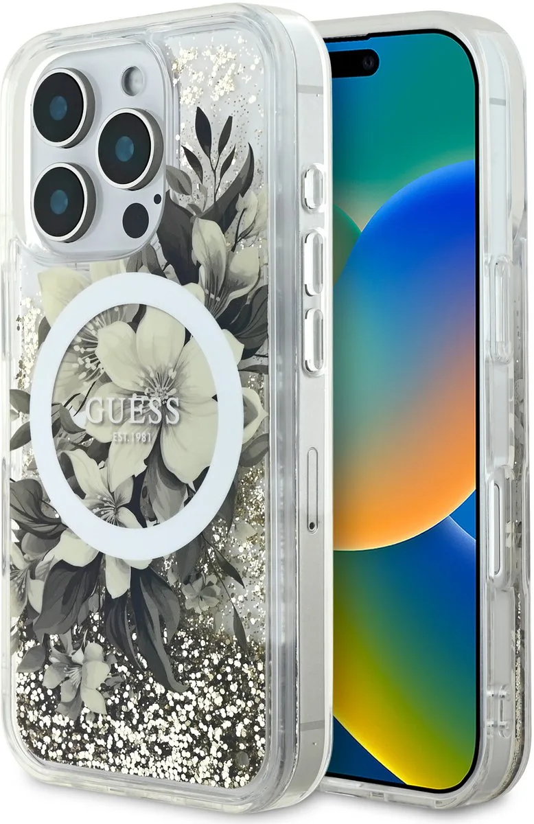 GUHMP16XLFMWTE iPhone 16 Pro Max 6,9" beige/beige hardcase Liquid Glitter Flower MagSafe fra Guess i Brun, Beige – produktbillede