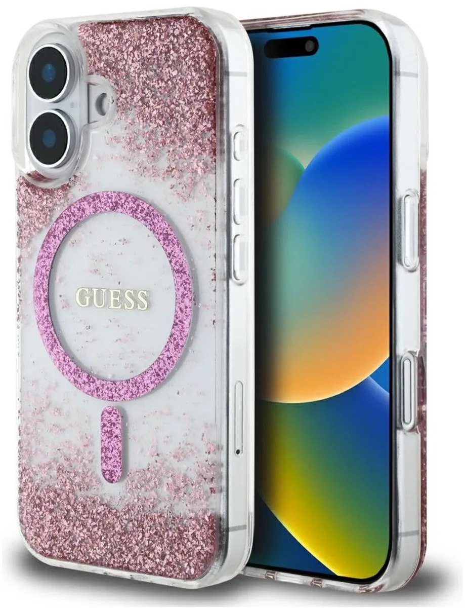 Hardcase Back Cover - iPhone 16 - Magsafe - Pink Glitter van Guess in Roze – productfoto