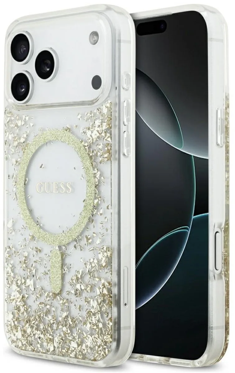 Hars Onderkant Glitter Hoesje Voor Iphone 17 Pro Max Magsafe Goud van Guess in Transparant – productfoto