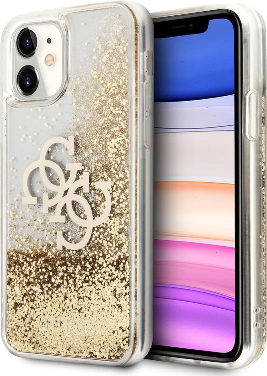 Hoesje Geschikt voor Apple iPhone 11 met zwevende glitters en 4G metalen logo van Guess in Goud – productfoto