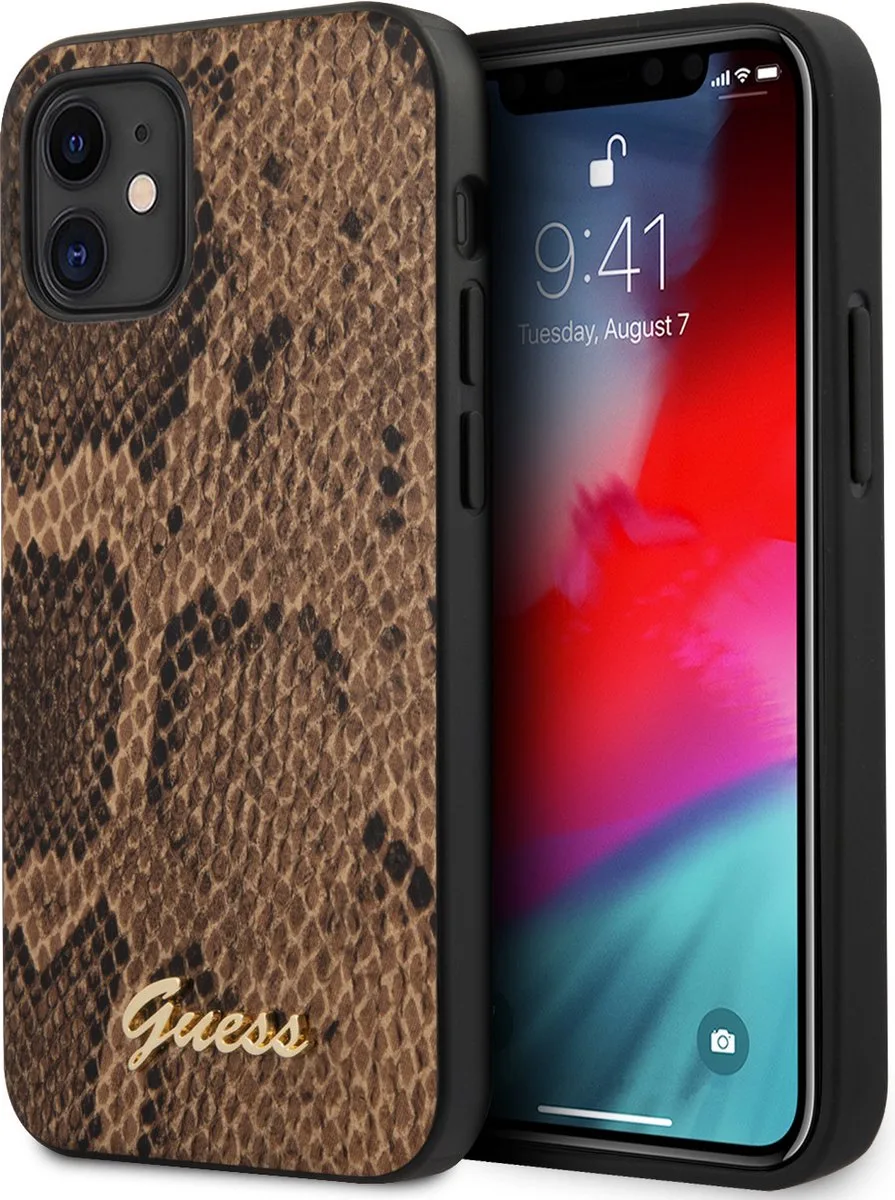 hoesje geschikt voor Apple iPhone 12 Mini - Carbon/Kunstleer/Siliconen/TPU Back Cover van Guess in Bruin – productfoto