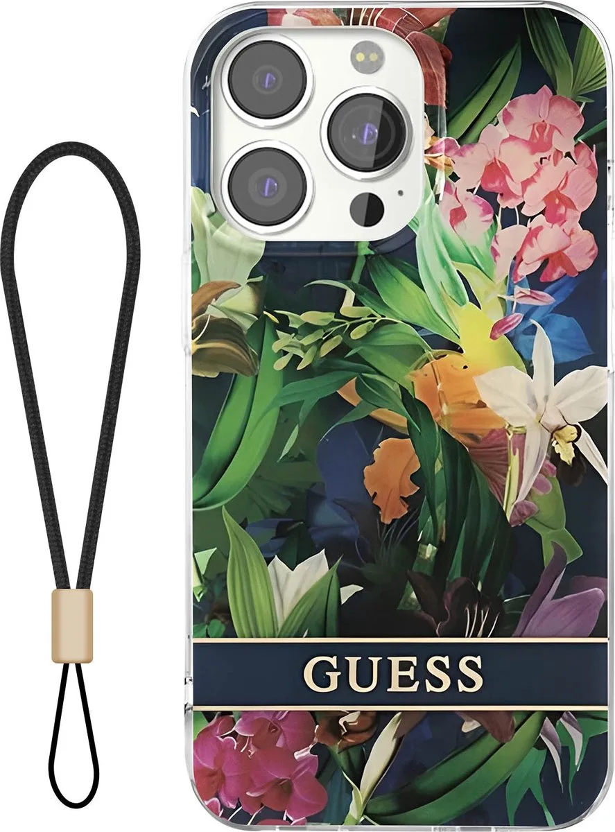 Hoesje geschikt voor Apple iPhone 13 Pro - Flowers met Nylon Koord van Guess in Groen – productfoto