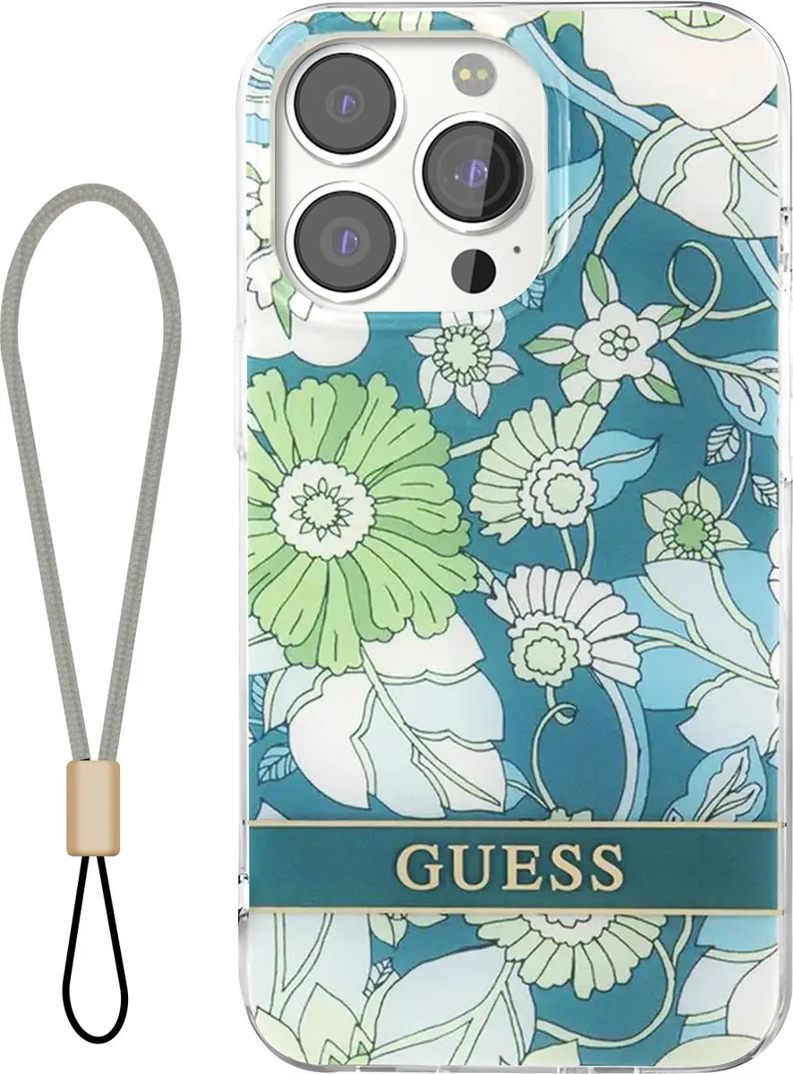 Hoesje geschikt voor Apple iPhone 13 Pro - Flowers met Nylon Koord van Guess in Blauw – productfoto