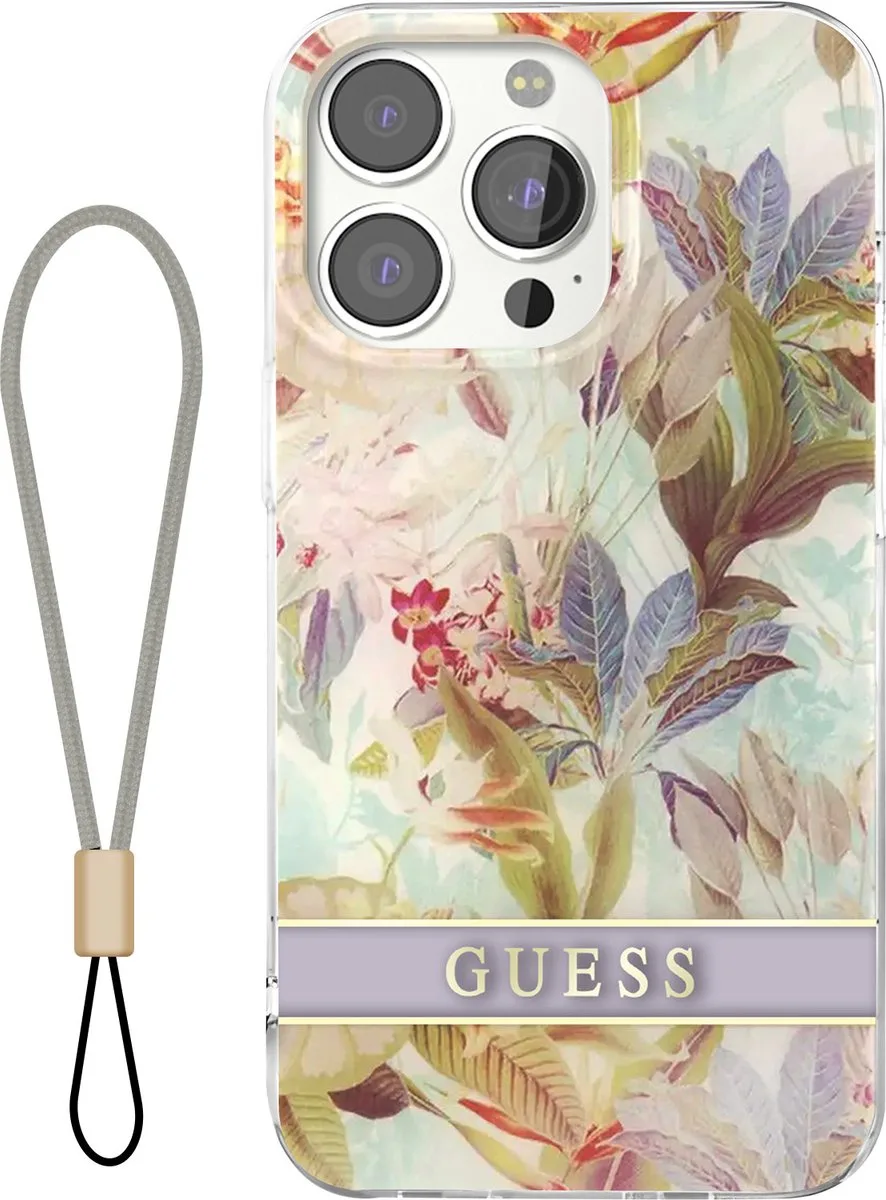Hoesje geschikt voor Apple iPhone 13 Pro - Flowers met Nylon Koord van Guess in Lavendel – productfoto