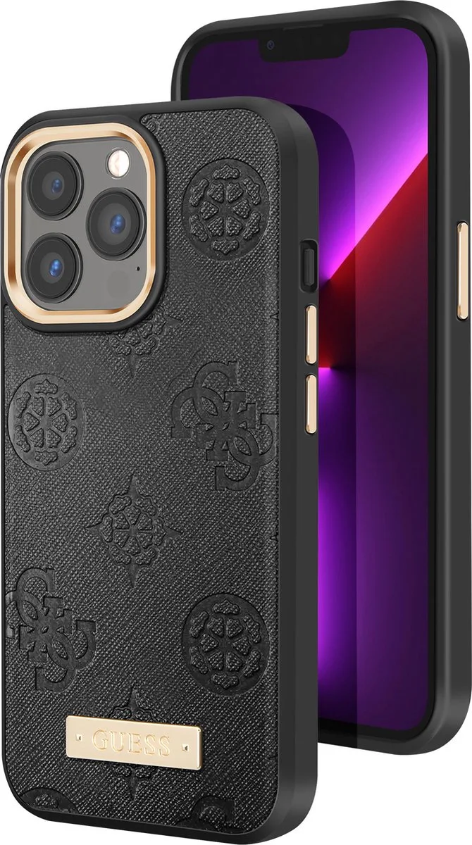 Hoesje geschikt voor Apple iPhone 13 Pro Max - PU Leer Peony Metal Plate MagSafe van Guess in Zwart – productfoto