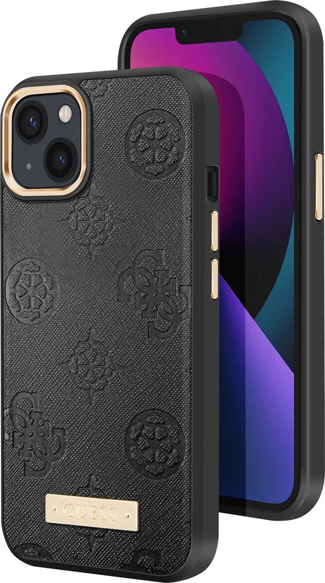 Hoesje geschikt voor Apple iPhone 13 - PU Leer Peony Metal Plate MagSafe van Guess in Zwart – productfoto