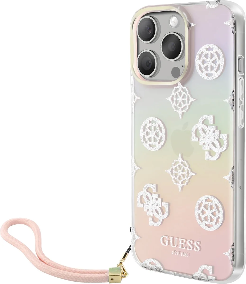 Hoesje geschikt voor Apple iPhone 15 Pro - TPU Peony met Polskoord van Guess in Meerkleurig – productfoto