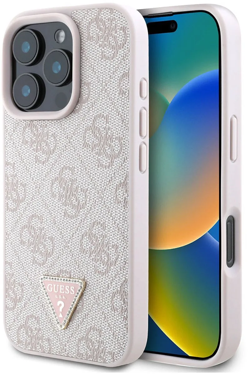Hoesje geschikt voor Apple iPhone 16 Pro - 4G Strass Triangle Métallisé Edition, Champagneroze van Guess in Roze – productfoto
