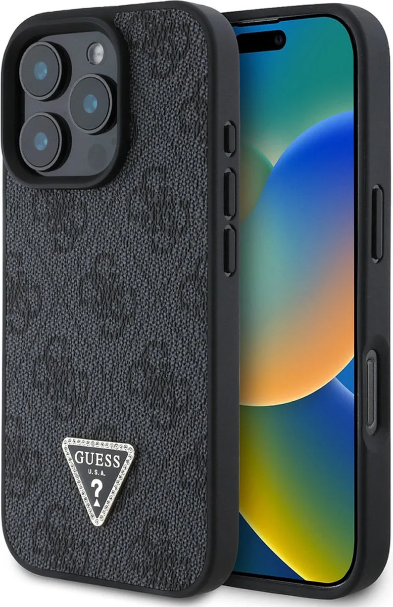 Hoesje geschikt voor Apple iPhone 16 Pro - 4G Strass Triangle Métallisé Edition de Guess en Noir – photo produit