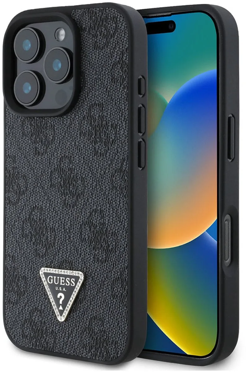 Hoesje Geschikt voor Apple iPhone 16 Pro Max 4G Editie Strass Driehoek Metallic van Guess in Zwart – productfoto