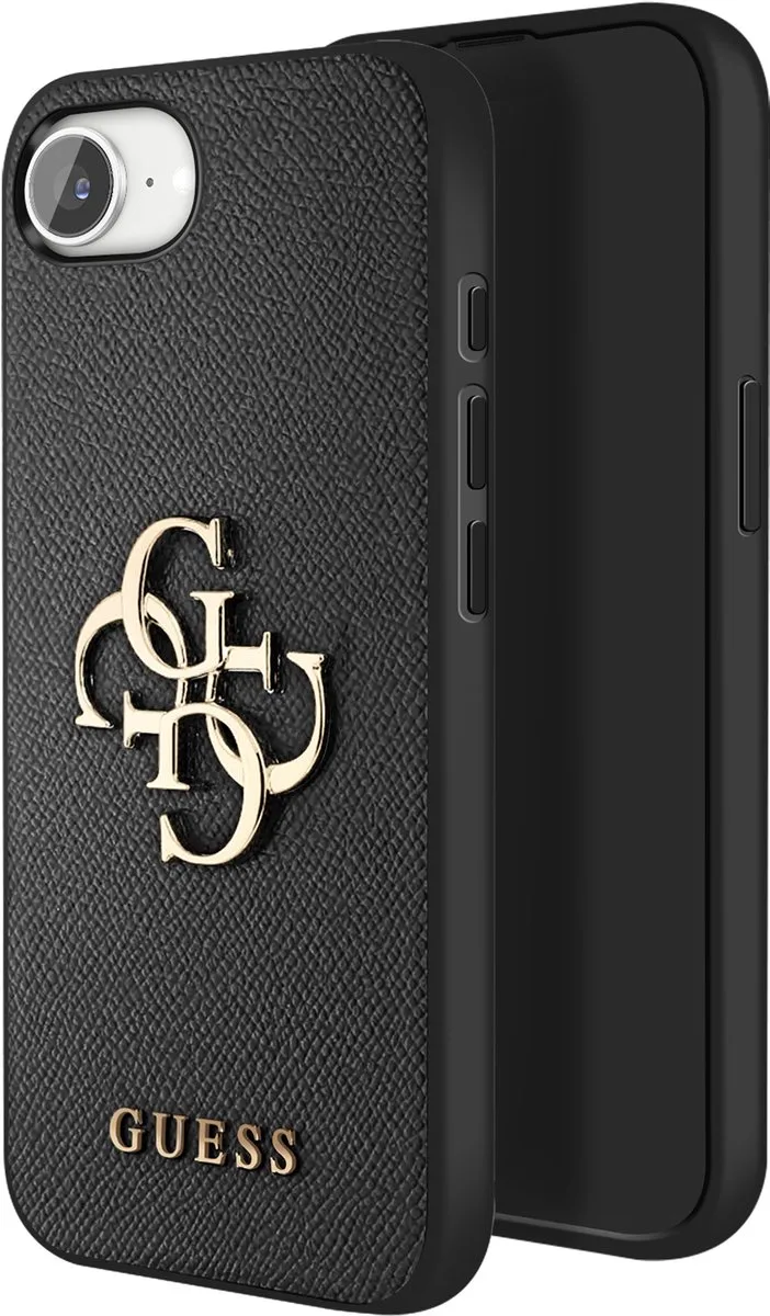 Hoesje Geschikt voor Apple iPhone 17e met Groot 4G Logo Korrelig Effect in Saffiano Kunstleer van Guess in Zwart – productfoto