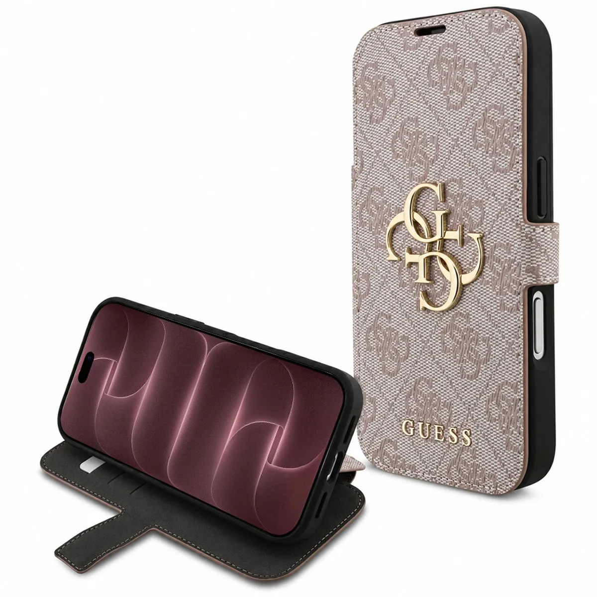 Hoesje Geschikt voor Apple iPhone 18 Pro Max | Wallet Book Case | Big 4G Logo | Portemonnee Hoesje | 3 Pasjes | Magneetsluiting | Stand Functie van Guess in Roze – productfoto