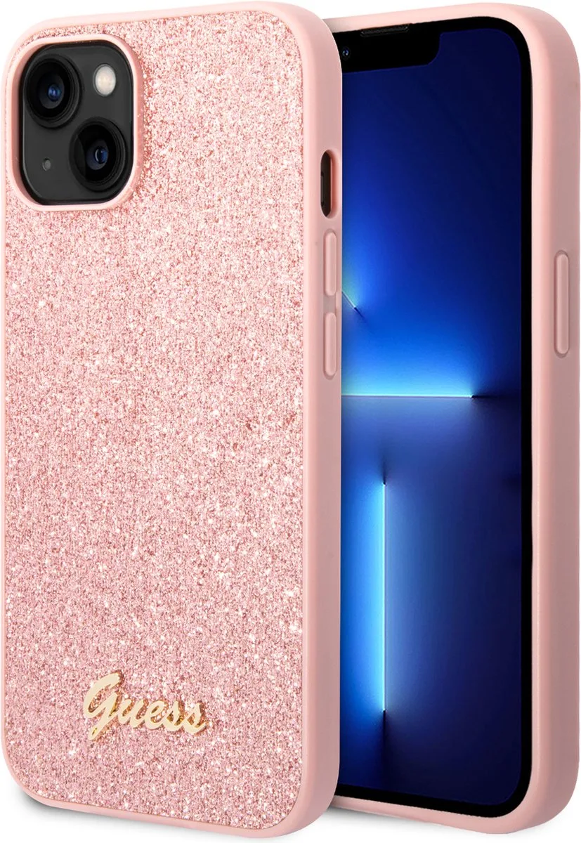 hoesje geschikt voor iPhone 14 Plus - Backcover - Glitter Script van Guess in Roze – productfoto