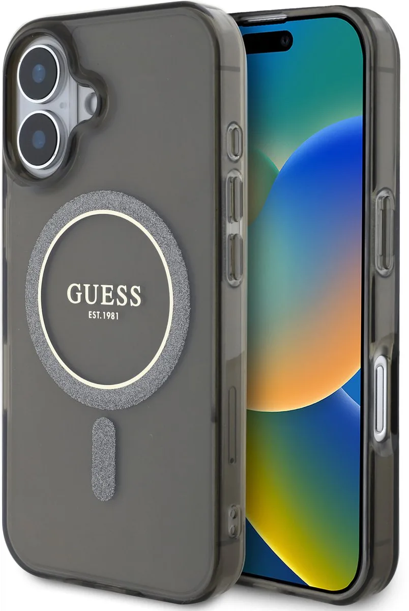 Hoesje geschikt voor iPhone 16 - MagSafe met Glitter Cirkel van Guess in Zwart – productfoto