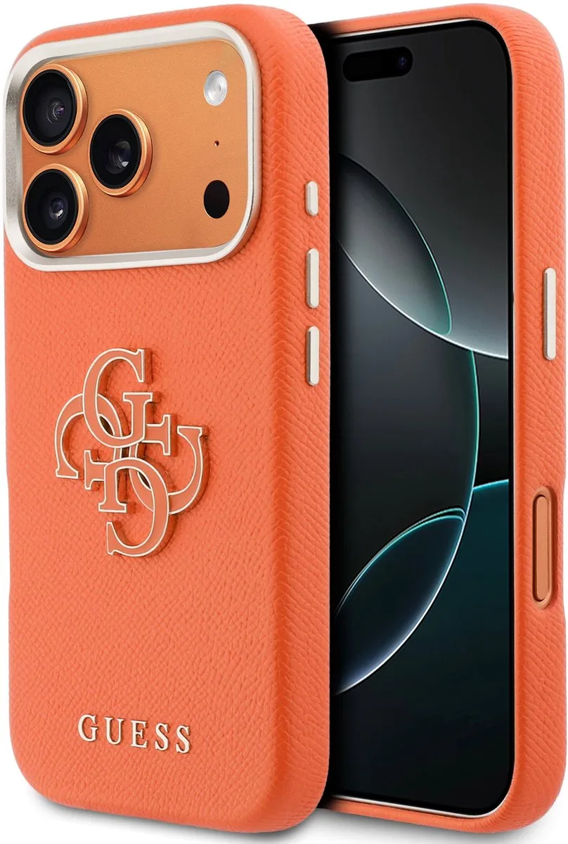 hoesje - Geschikt voor iPhone 17 Pro en geschikt voor iPhone 18 Pro - Kunstleer van Guess in Oranje – productfoto