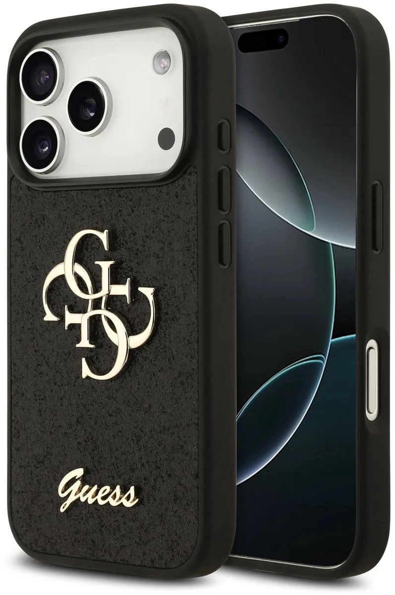 hoesje - Geschikt voor iPhone 17 Pro en geschikt voor iPhone 18 Pro - 4G-design met glitter van Guess in Zwart – productfoto