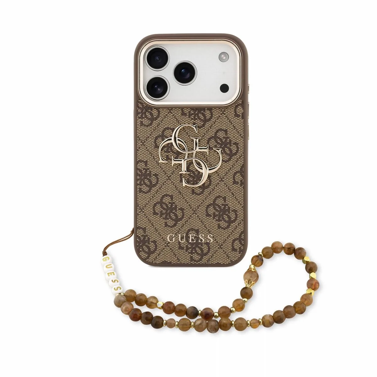 hoesje - Geschikt voor iPhone 17 Pro Max en geschikt voor iPhone 18 Pro Max - Kunstleer met polsband van Guess in Bruin – productfoto