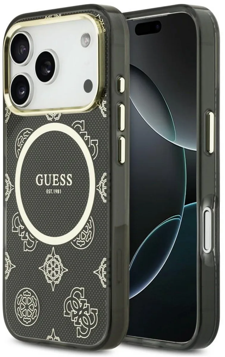 Hoesje Geschikt voor iPhone 17 Pro - Peony Hot Stamp Hard Case - Compatibel met MagSafe - Back Cover met Magneet - Goud van Guess in Zwart – productfoto