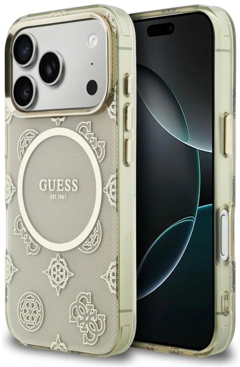 Hoesje Geschikt voor iPhone 17 Pro - Peony Hot Stamp Hard Case - Compatibel met MagSafe - Back Cover met Magneet - Goud van Guess in Beige – productfoto