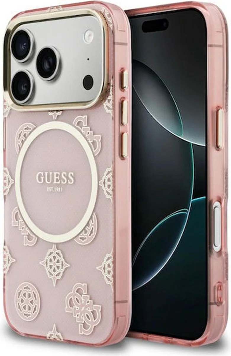 Hoesje Geschikt voor iPhone 17 Pro - Peony Hot Stamp Hard Case - Compatibel met MagSafe - Back Cover met Magneet - Goud van Guess in Roze – productfoto