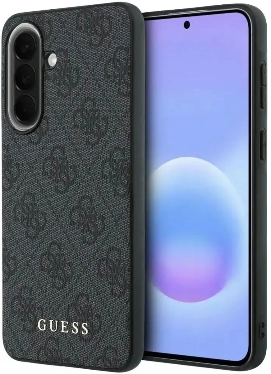 Hoesje Geschikt voor Samsung Galaxy A37 - PU Leren Backcover - 4G Print & Klassiek Metalen Logo van Guess in Grijs – productfoto