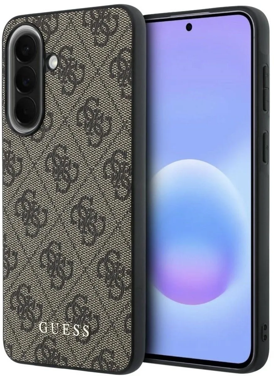 Hoesje Geschikt voor Samsung Galaxy A57 - PU Leren Backcover - 4G Print & Klassiek Metalen Logo van Guess in Bruin – productfoto