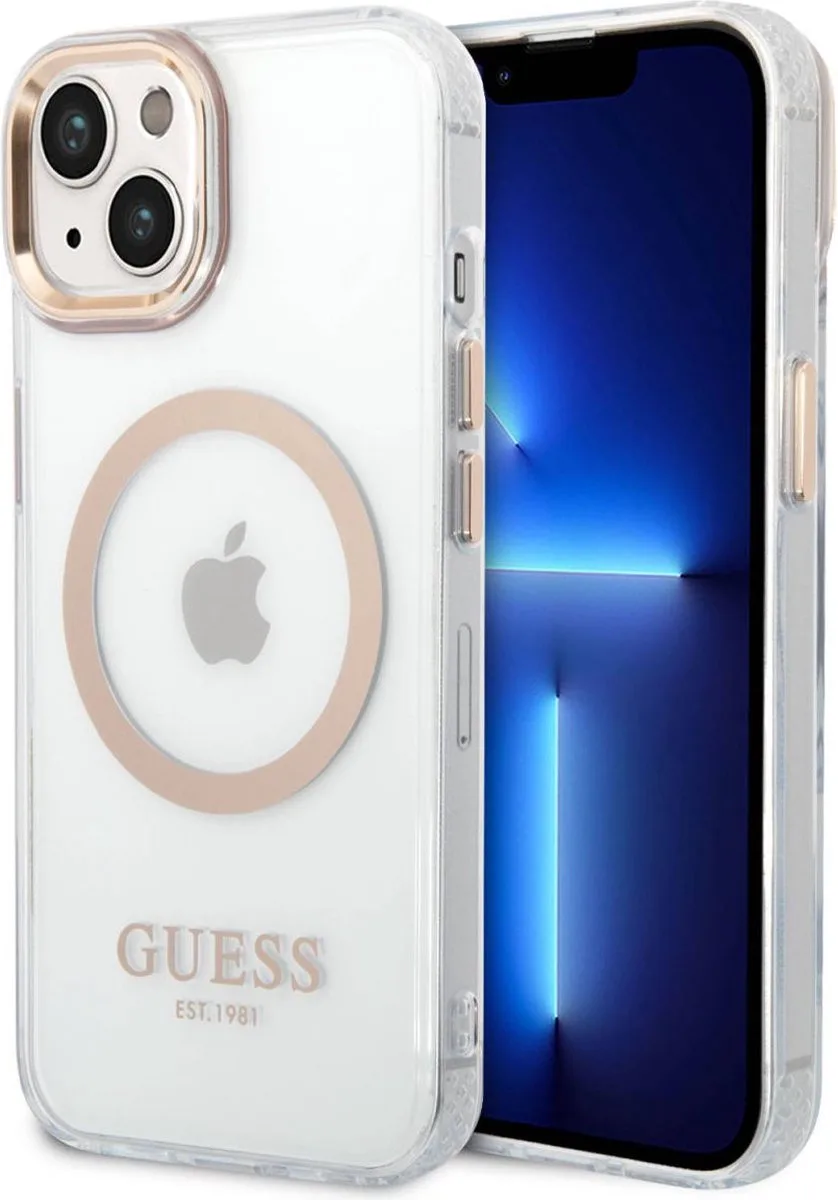 Hoesje MagSafe Hard Case Metal Outline Geschikt voor Apple iPhone 14 van Guess in Goud – productfoto