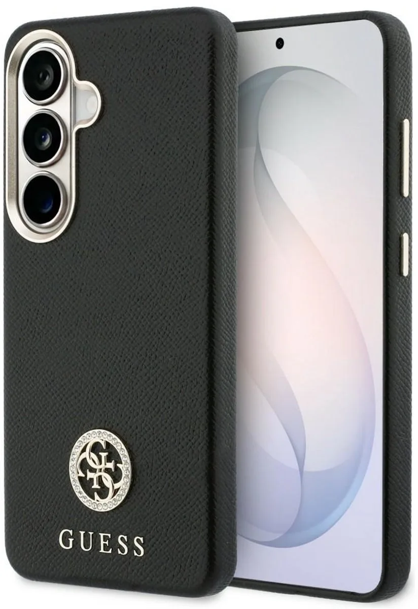 Hoesje Met Rond Strass-Logo Voor Samsung Galaxy S26 Magsafe Zilver Logo van Guess in Transparant – productfoto