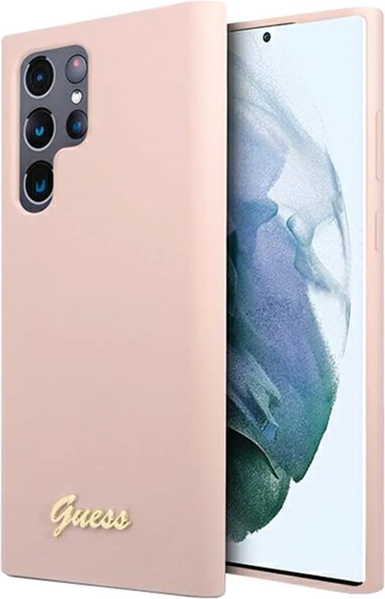 Hoesje Siliconen Hard Case Gold Logo Geschikt voor Samsung S23 Ultra de Guess en Rose – photo produit