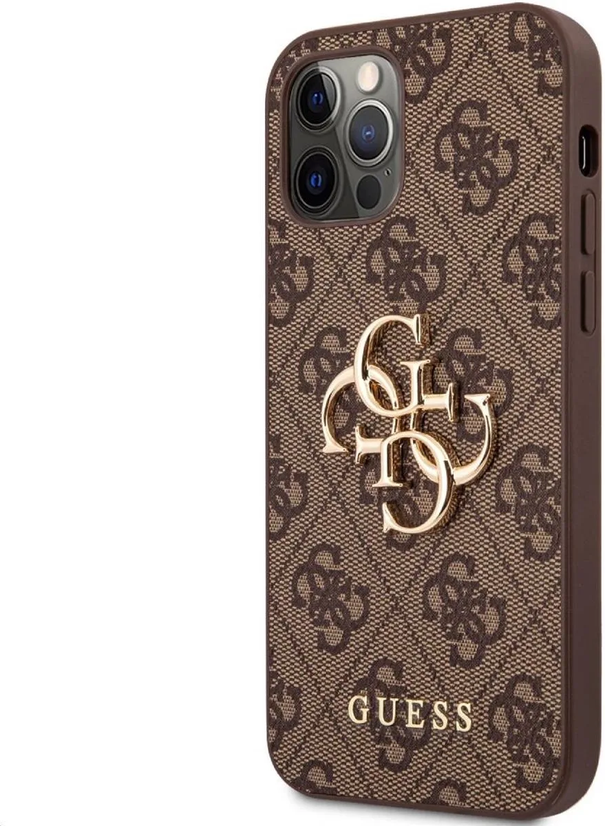 hoesje van Guess - Backcover geschikt voor iPhone 12 - 12 Pro - 4G - Hardcase TPU - Big Metal Logo van Guess in Bruin – productfoto