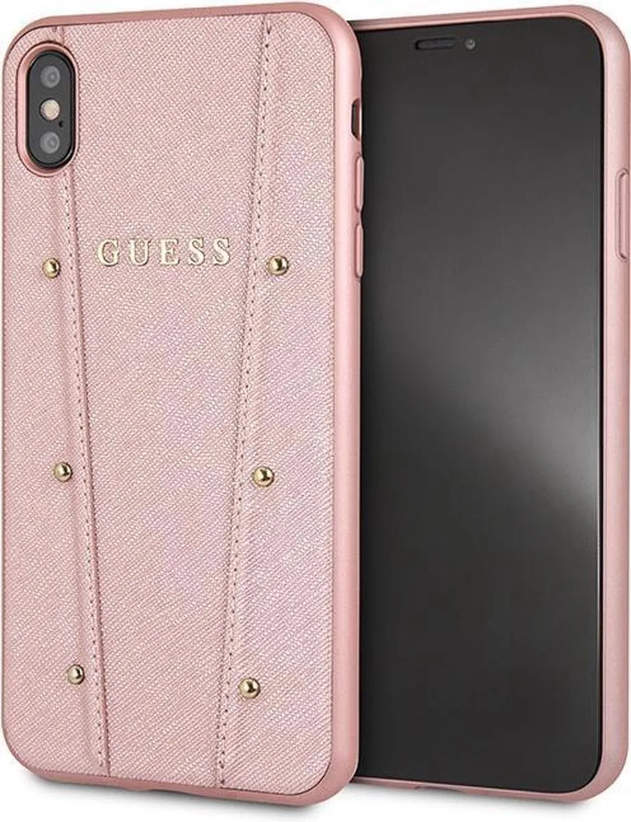 hoesje van Guess - Backcover - Gouden studs - Leer - iPhone Xs Max - Siliconen rand van Guess in Roze – productfoto