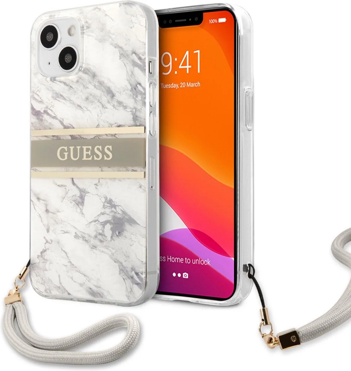 hoesje van Guess - Hardcase Backcover - iPhone 13 - Met Riem - Marble de Guess en Gris – photo produit