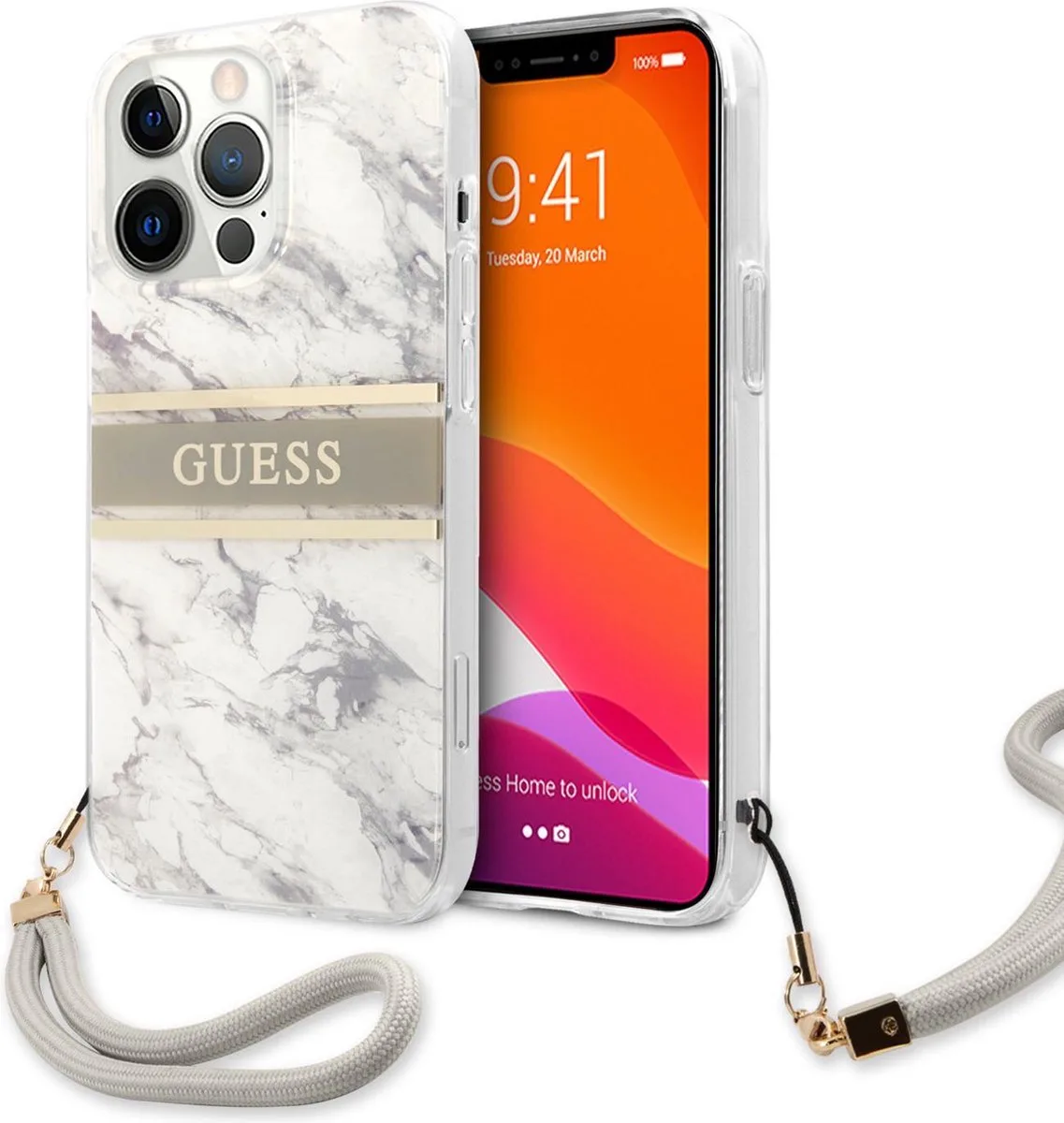 hoesje van Guess - Hardcase Backcover - iPhone 13 Pro - Met Riem - Marble de Guess en Gris – photo produit