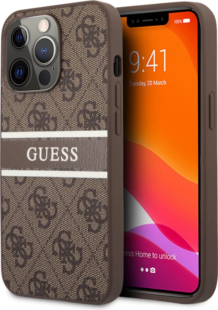 hoesje voor iPhone 13 Pro Max - Hardcase Backcover - 4G - Brown Stripe de Guess en Marron – photo produit