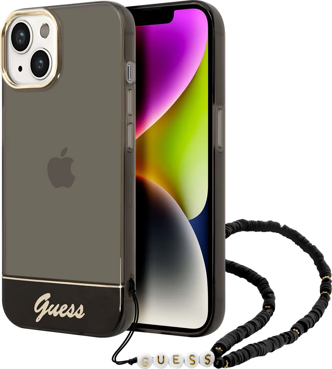 hoesje voor iPhone 14 Plus - Backcover - Doorzichtig - met koord de Guess en Noir – photo produit