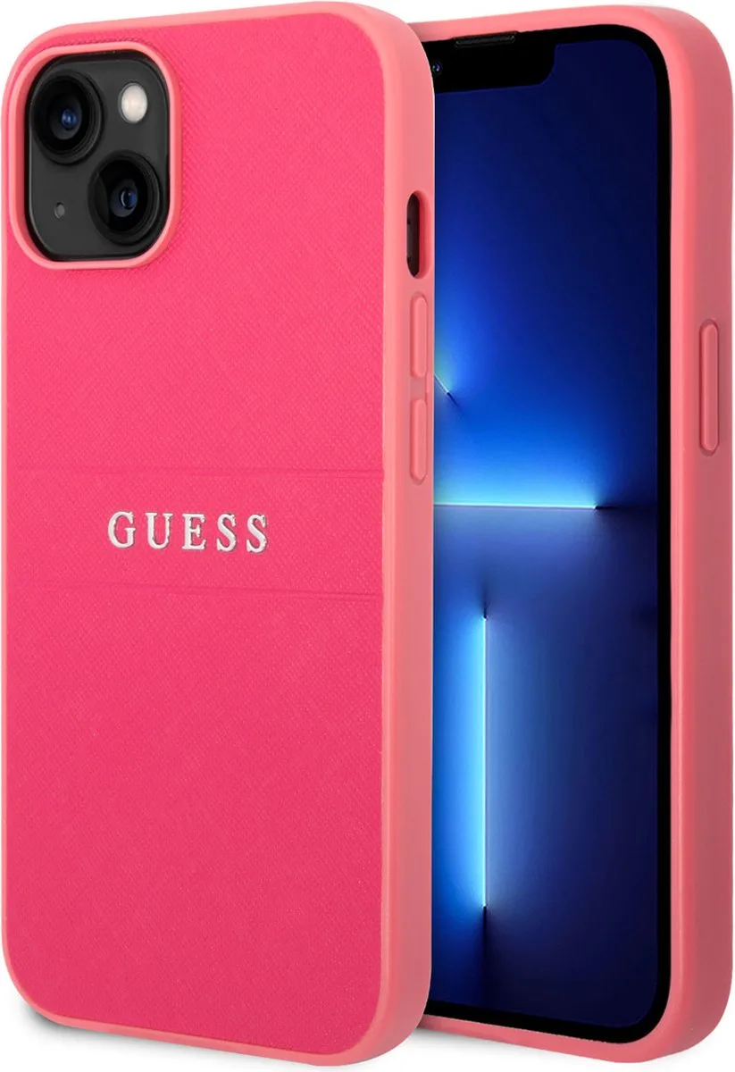 hoesje voor iPhone 14 Plus - Backcover - Saffiano de Guess en Fuchsia – photo produit