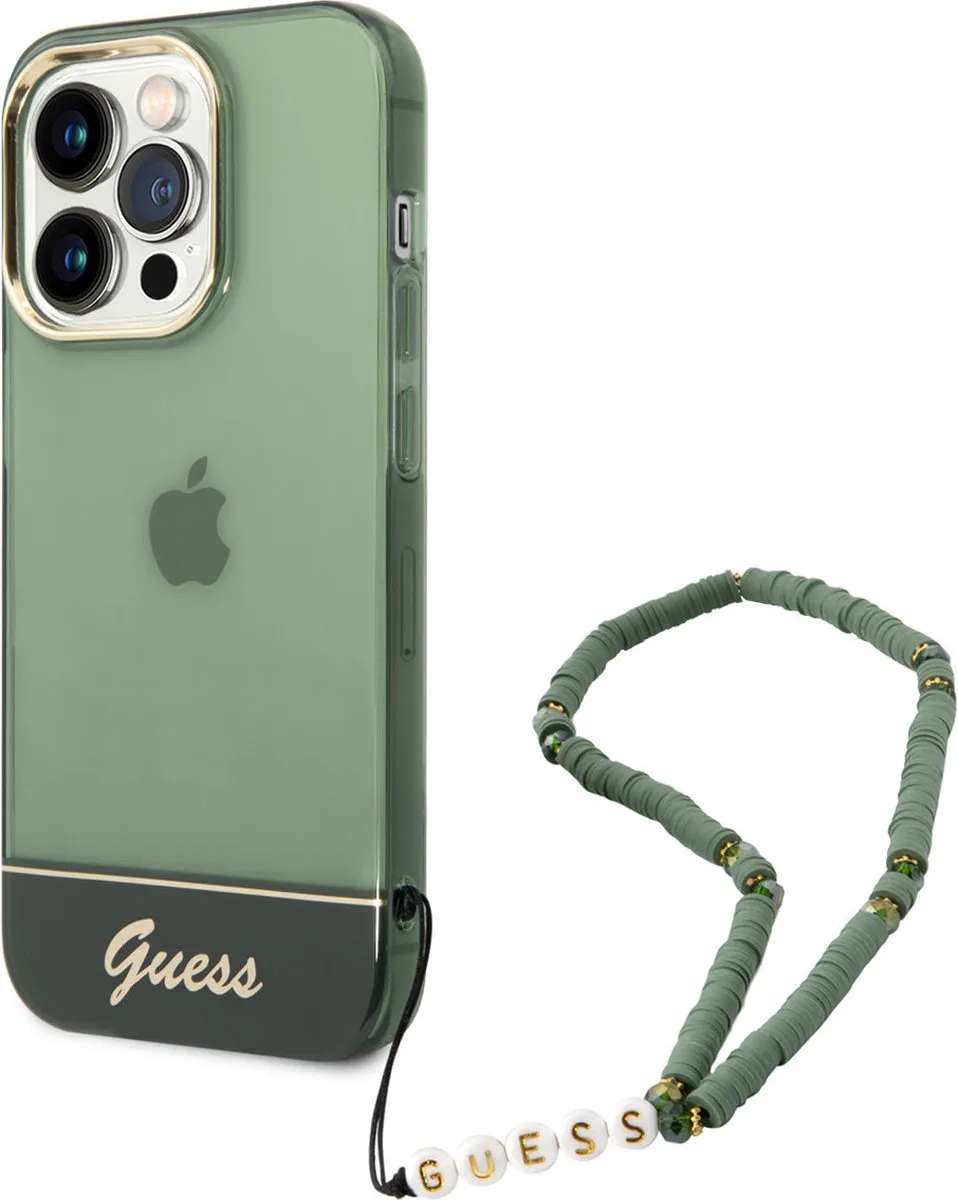 hoesje voor iPhone 14 Pro - Backcover - Doorzichtig - met koord van Guess in Groen – productfoto
