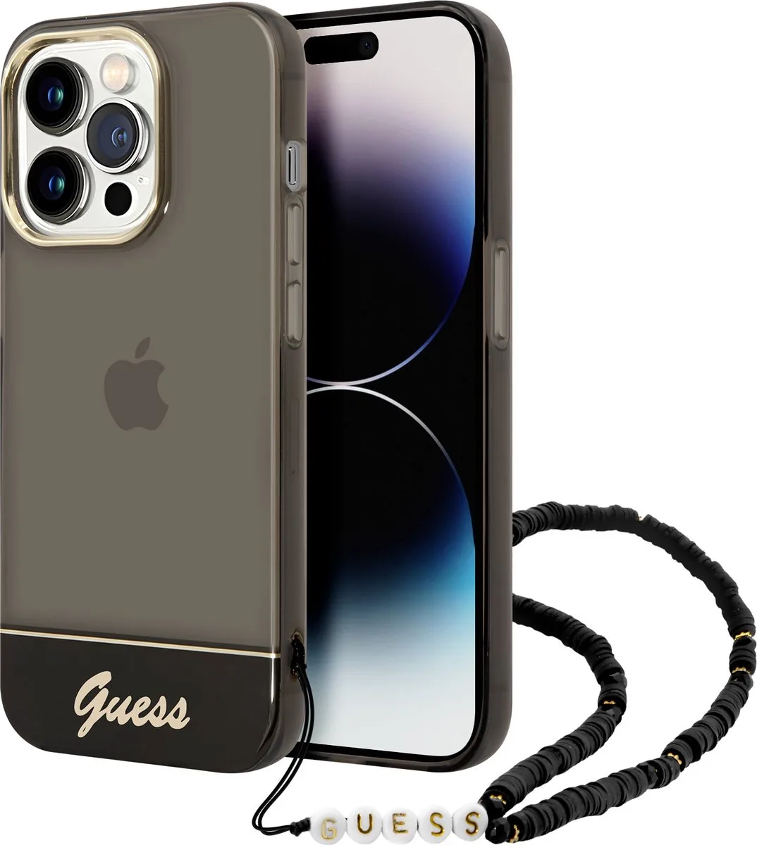 hoesje voor iPhone 14 Pro - Backcover - Doorzichtig - met koord de Guess en Noir – photo produit