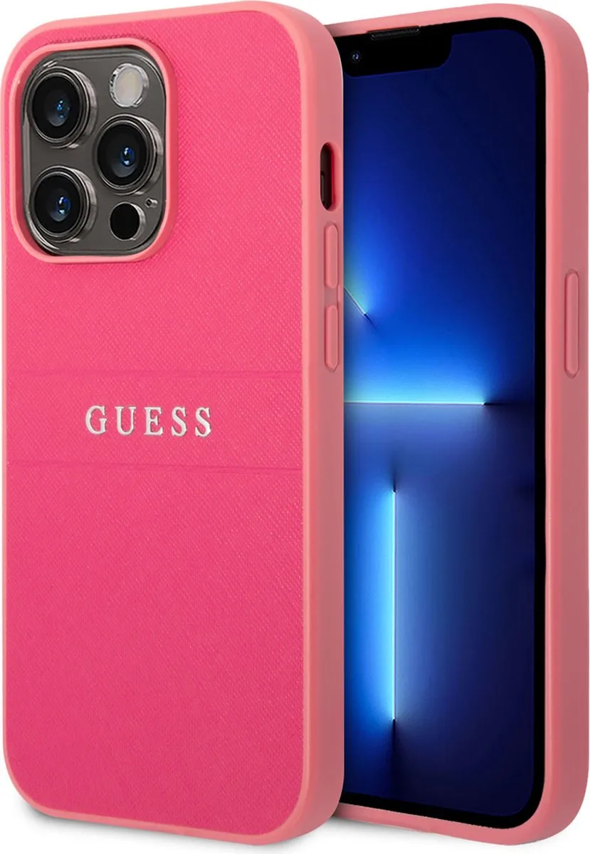 hoesje voor iPhone 14 Pro - Backcover - Saffiano de Guess en Fuchsia – photo produit