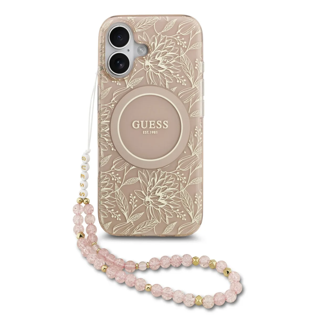 IML Flowers Allover iPhone 17 hoesje - Met MagSafe en Koord - Roze fra Guess – produktbillede
