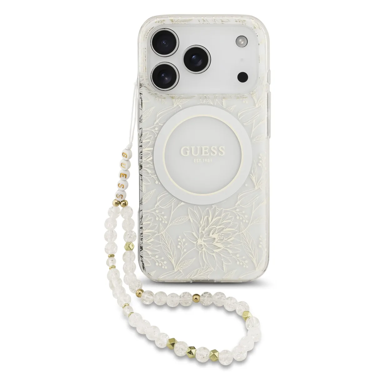 IML Flowers Allover iPhone 17 Pro / 18 Pro hoesje - Met MagSafe en Koord - Wit van Guess – productfoto