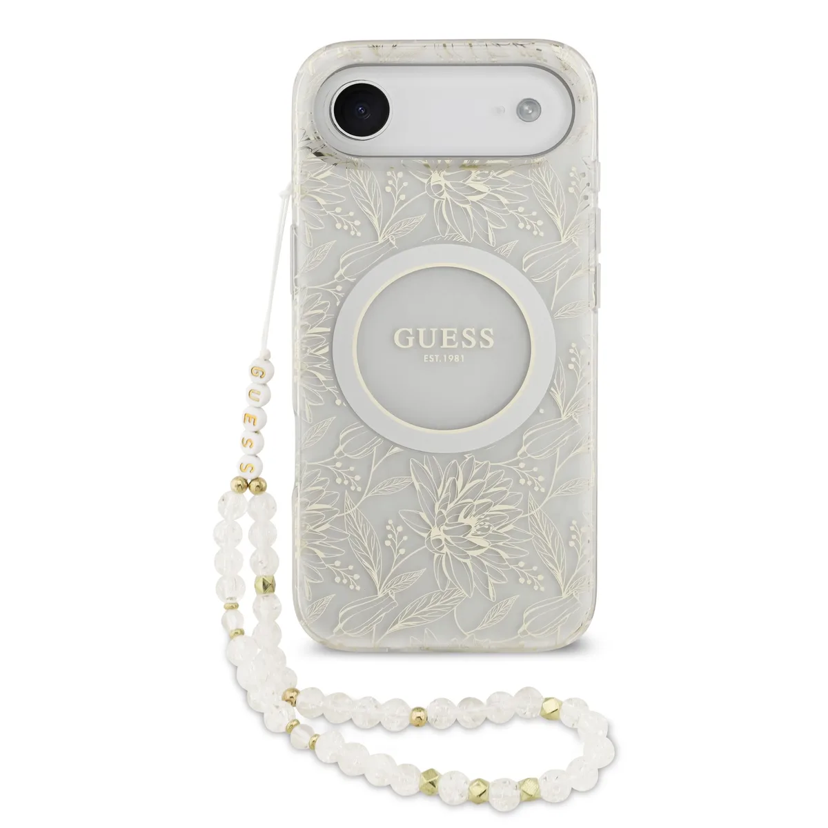 IML Flowers Allover iPhone Air hoesje - Met MagSafe en Koord - Wit van Guess – productfoto