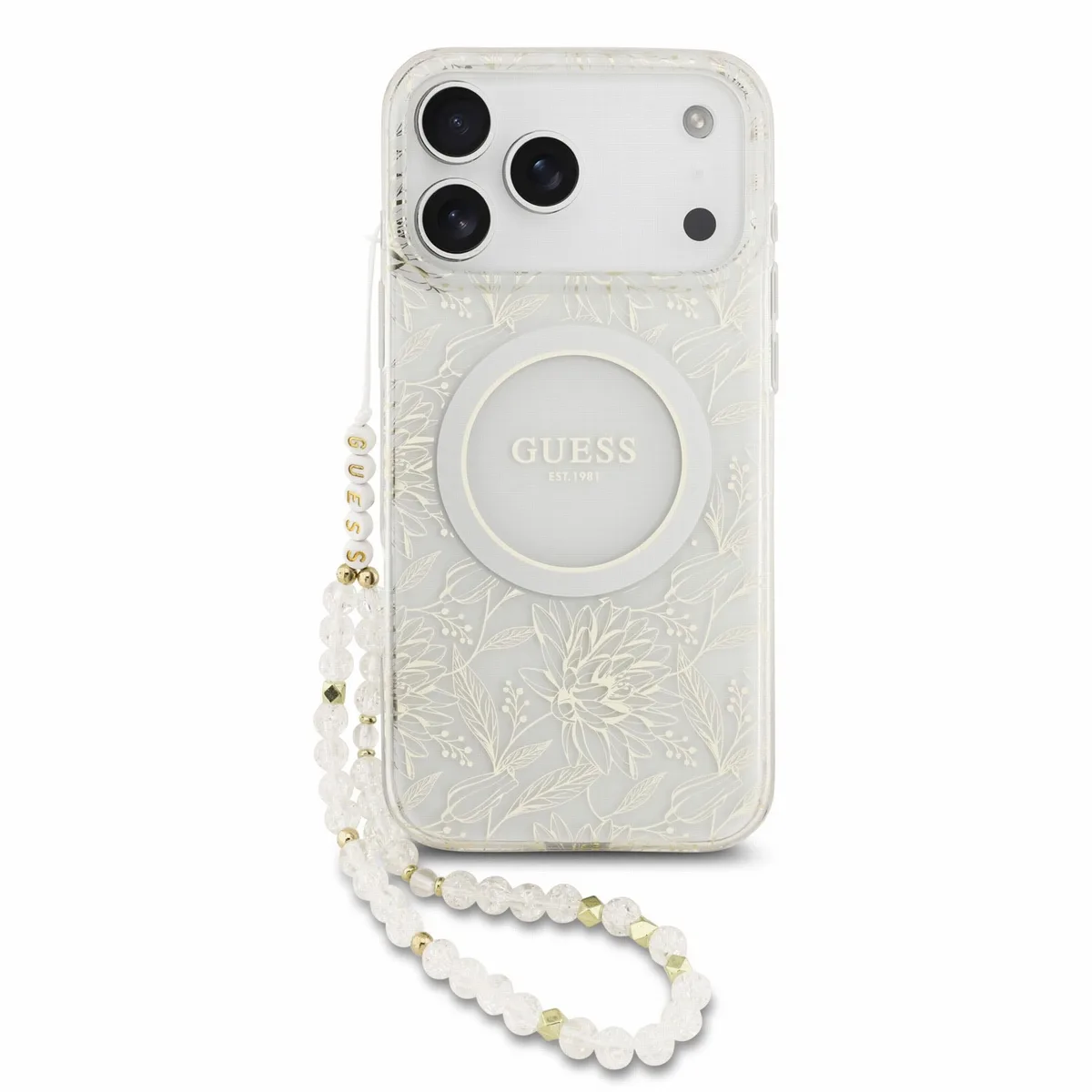 IML Flowers Allover Strap MagSafe hoesje voor iPhone 17 Pro Max en iPhone 18 Pro Max - Wit van Guess – productfoto