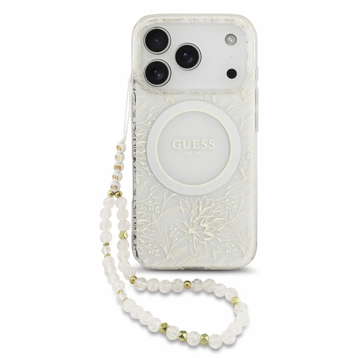 IML Flowers Allover Strap MagSafe-hoesje voor iPhone 17 Pro en iPhone 18 Pro - Wit de Guess – photo produit