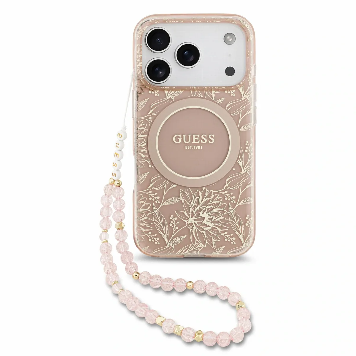 IML Flowers Allover Strap MagSafe hoesje voor iPhone 17 Pro en iPhone 18 Pro - Roze van Guess – productfoto