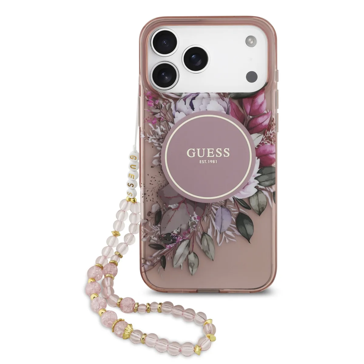 IML Flowers hoesje voor iPhone 17 Pro Max en iPhone 18 Pro Max met MagSafe en koord - Roze van Guess – productfoto